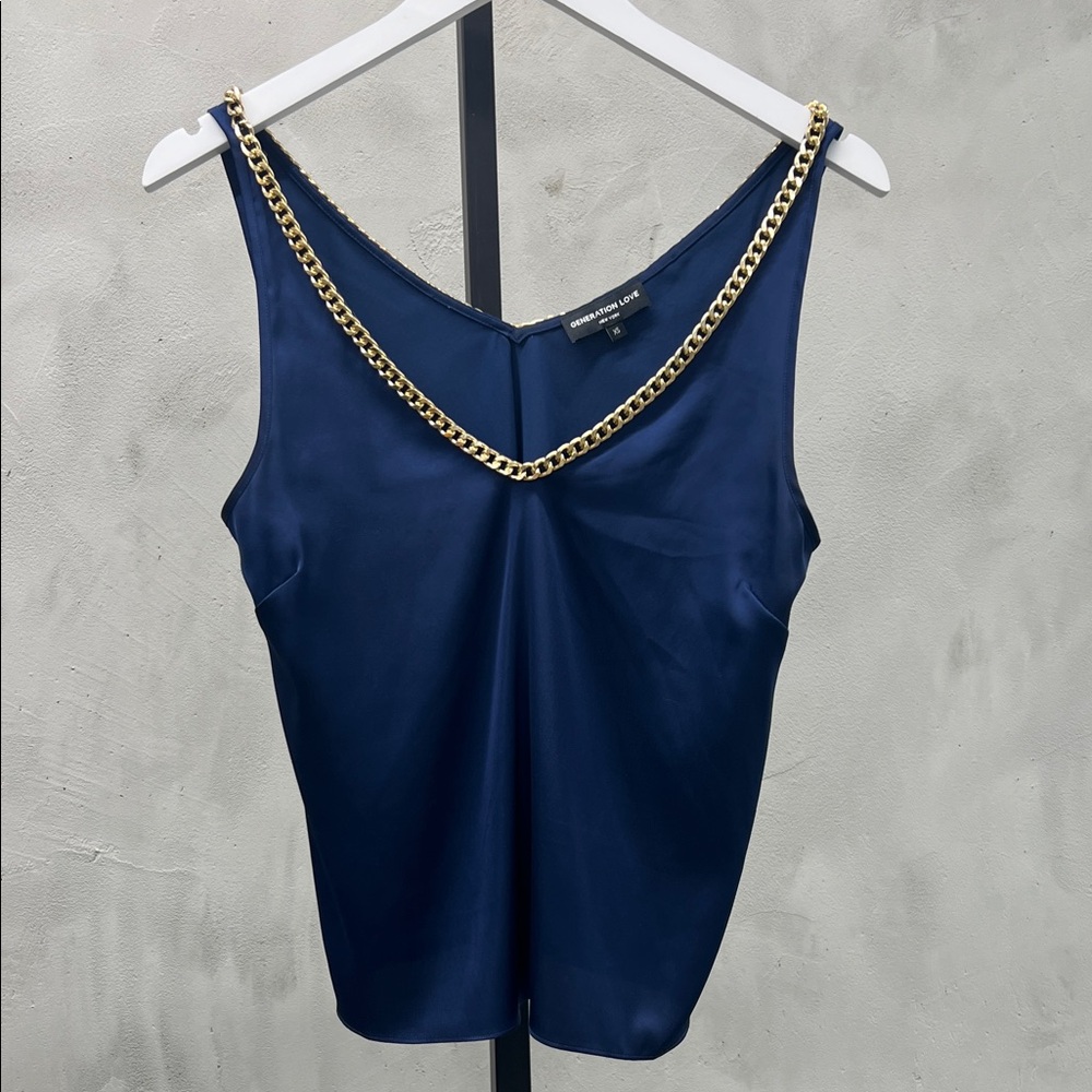 Generation Love Navy Satin Camisole with Gold Chain Strap